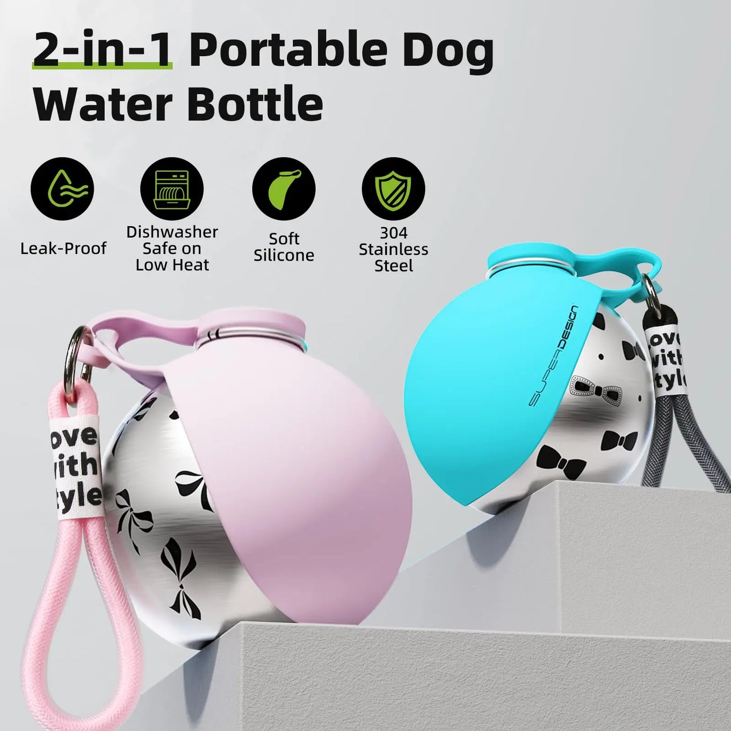 2-in-1 Portable Dog Water Bottle with Silicone Bowl – Leak-Proof Stainless Steel Travel Bottle for Small Dogs