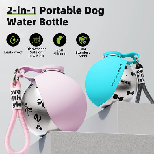 2-in-1 Portable Dog Water Bottle with Silicone Bowl – Leak-Proof Stainless Steel Travel Bottle for Small Dogs